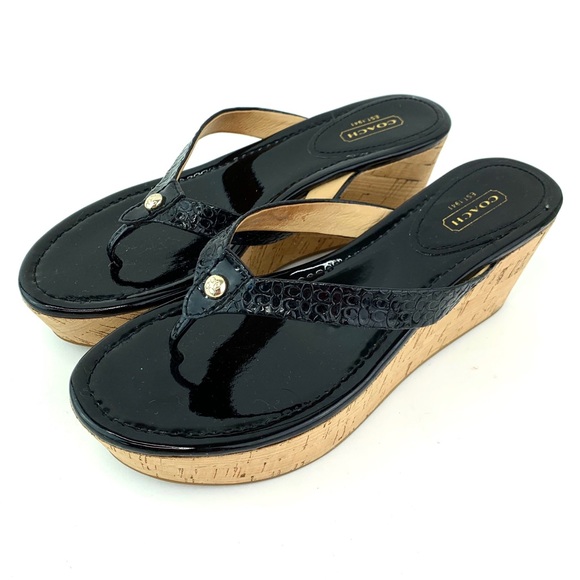 coach black wedge flip flops